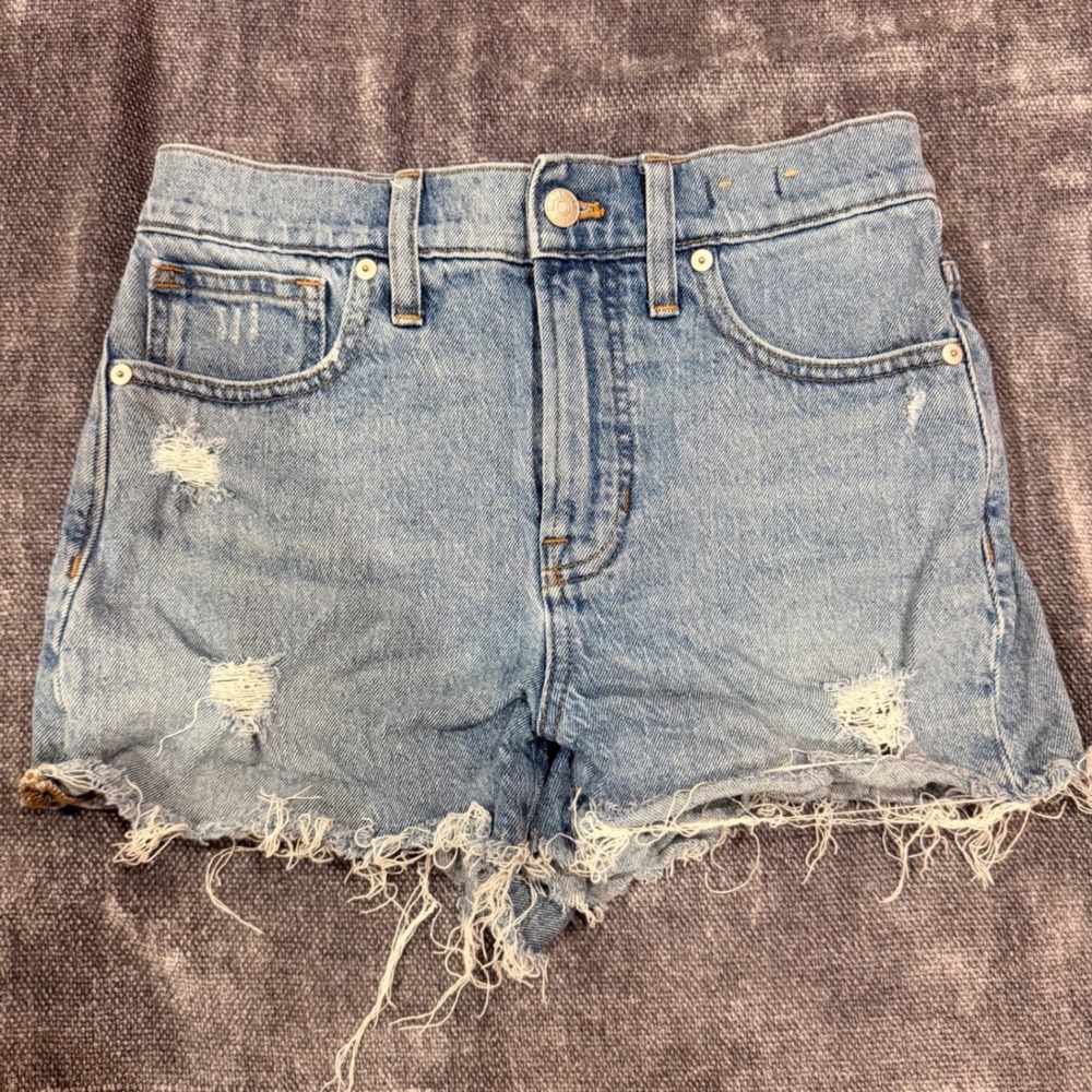 Madewell The Perfect Jean Short 26 Light Wash Distressed Raw Hem High Rise Denim